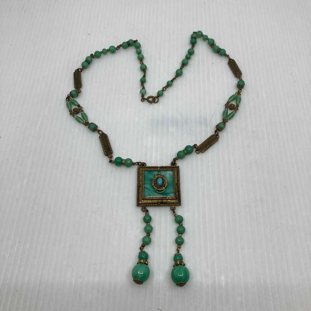 Vtg rare 1920s LOUIS ROUSSELET ? Made in FRANCE green peking glass necklace